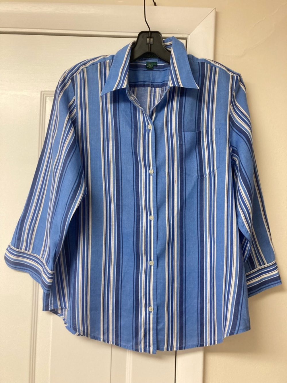 Lauren Ralph Lauren Blue Linen Striped  Blouse 3/4 sleeves sz L Washable
